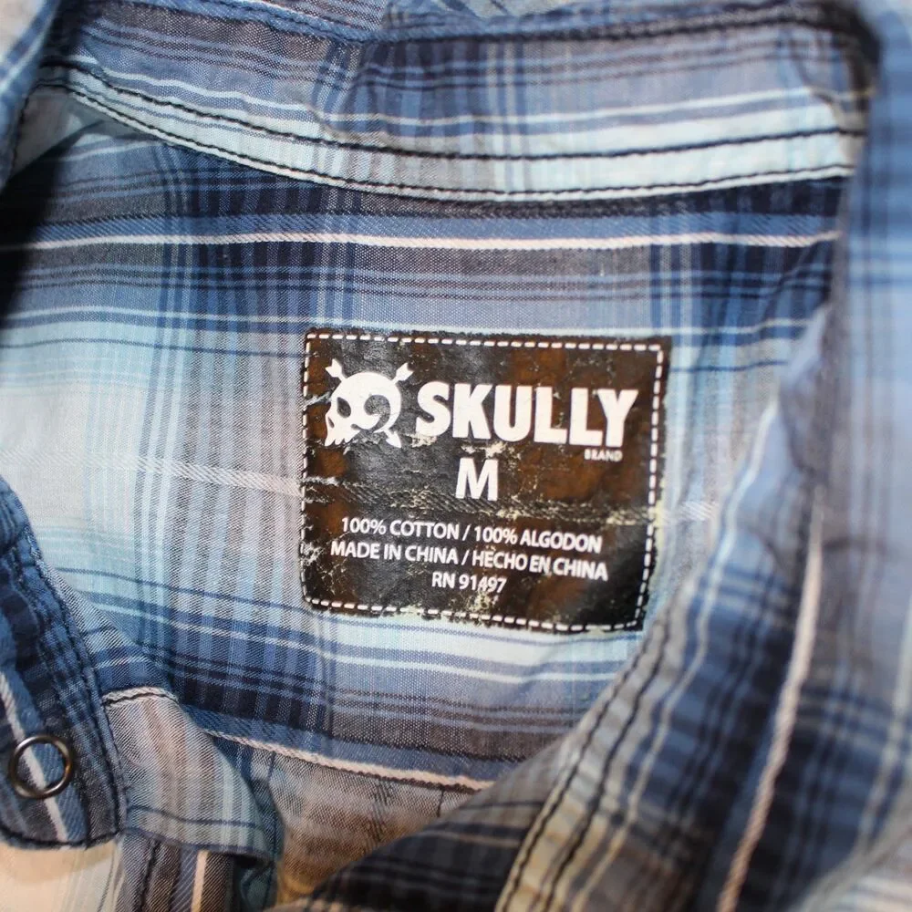 Skully Shirt Mens‎ Medium Blue Plaid Long Sleeve Snap Up Lightweight Western